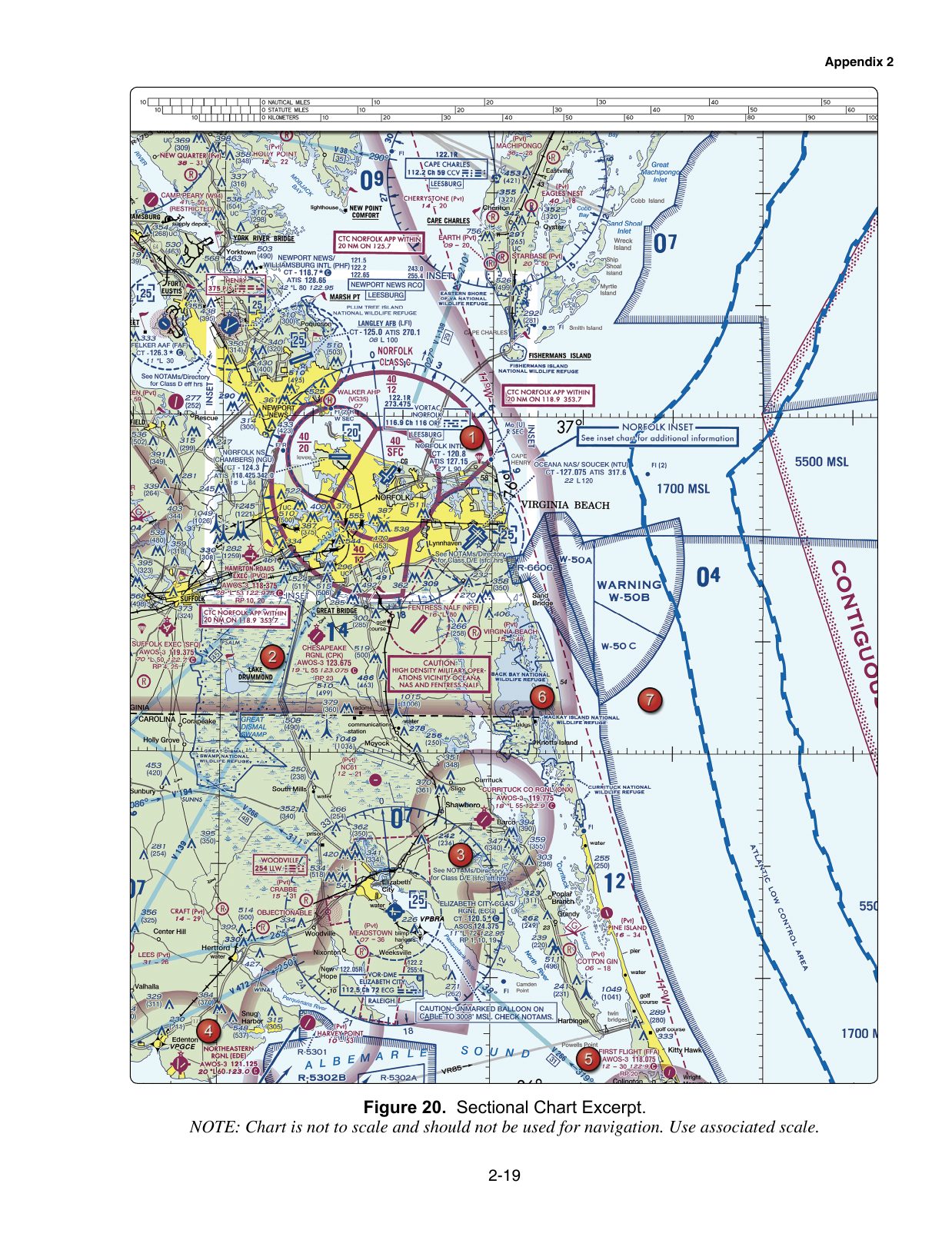 Figure 20. Sectional Chart Excerpt. Excerpt from a VFR sectional aeronautical chart, reproduced from the FAA knowledge-test supplement. Enlarge to read airport data, airspace boundaries, terrain and obstruction elevations, navaids and radio frequencies referenced by the associated test questions.