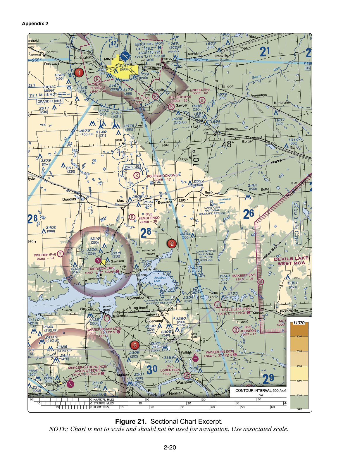 Figure 21. Sectional Chart Excerpt. Excerpt from a VFR sectional aeronautical chart, reproduced from the FAA knowledge-test supplement. Enlarge to read airport data, airspace boundaries, terrain and obstruction elevations, navaids and radio frequencies referenced by the associated test questions.