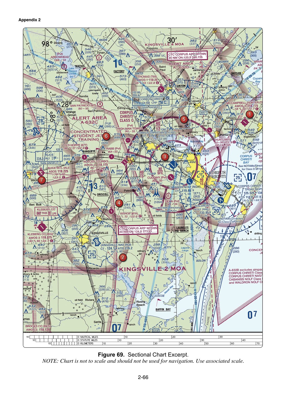 Figure 69. Sectional Chart Excerpt. Excerpt from a VFR sectional aeronautical chart, reproduced from the FAA knowledge-test supplement. Enlarge to read airport data, airspace boundaries, terrain and obstruction elevations, navaids and radio frequencies referenced by the associated test questions.