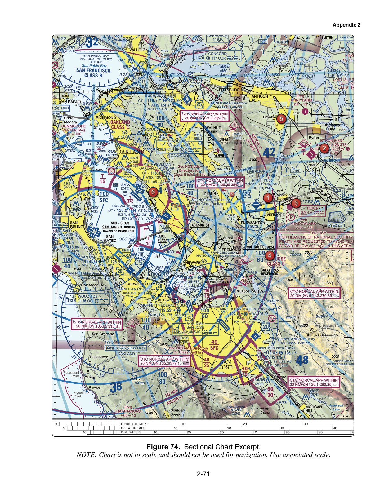 Figure 74. Sectional Chart Excerpt. Excerpt from a VFR sectional aeronautical chart, reproduced from the FAA knowledge-test supplement. Enlarge to read airport data, airspace boundaries, terrain and obstruction elevations, navaids and radio frequencies referenced by the associated test questions.