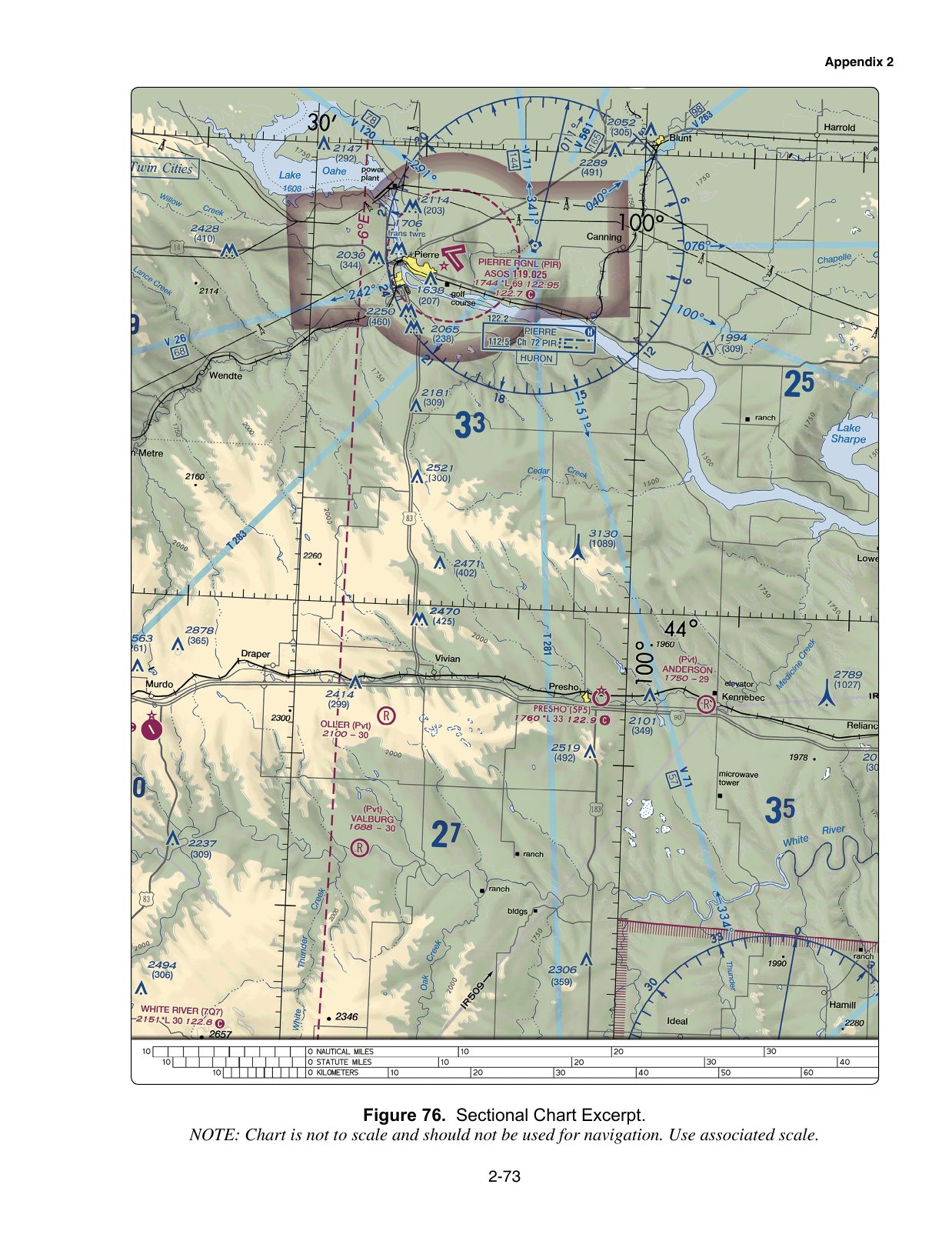 Figure 76. Sectional Chart Excerpt. Excerpt from a VFR sectional aeronautical chart, reproduced from the FAA knowledge-test supplement. Enlarge to read airport data, airspace boundaries, terrain and obstruction elevations, navaids and radio frequencies referenced by the associated test questions.