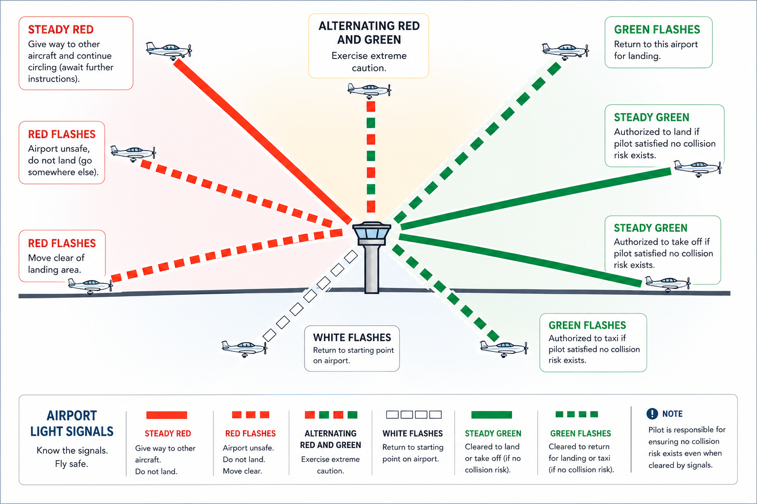 ATC light-gun signals and what each color and flash pattern tells a pilot when the radio is lost.