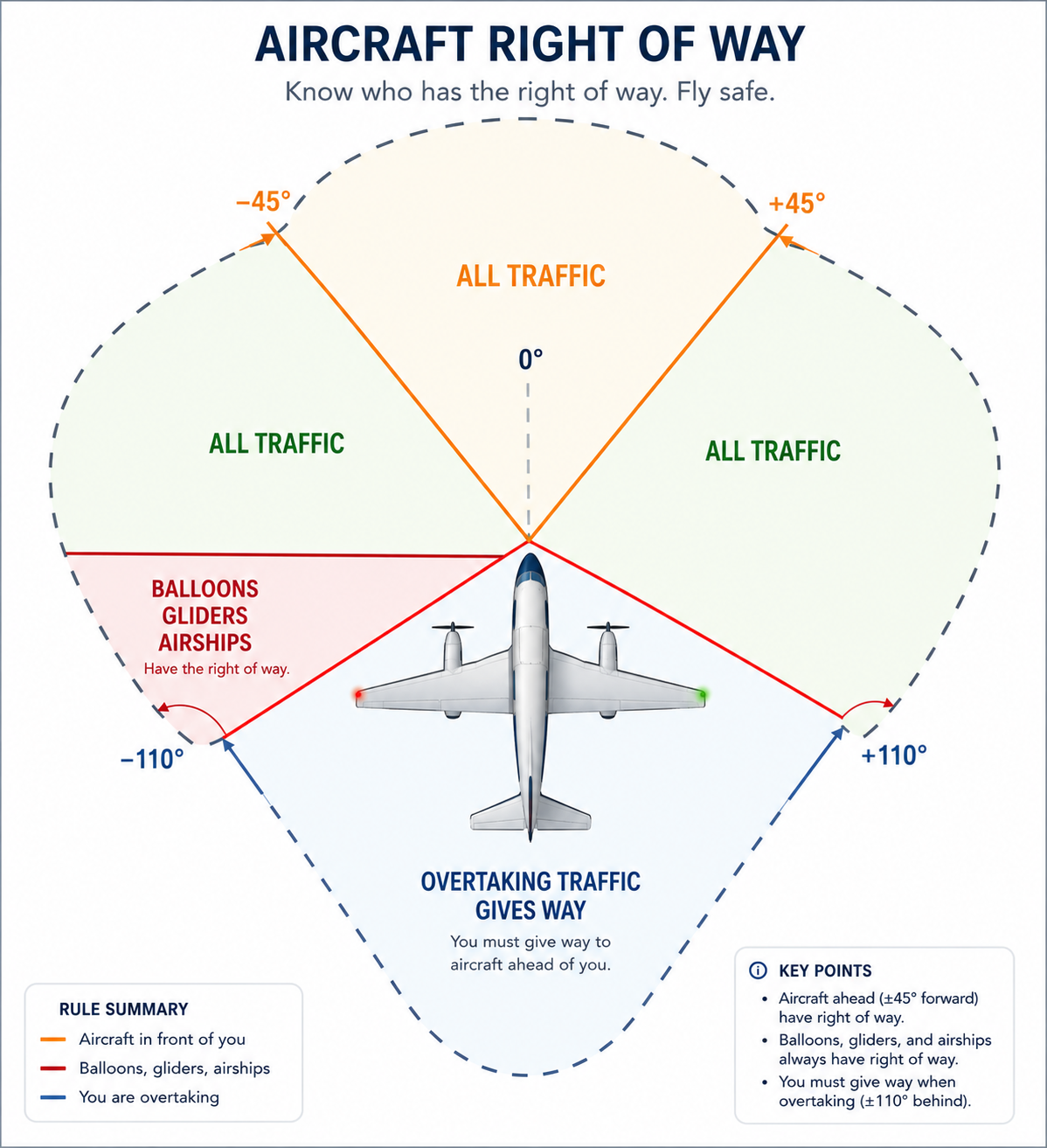 Right-of-way and see-and-avoid: which traffic must give way and the scan sectors around the airplane.