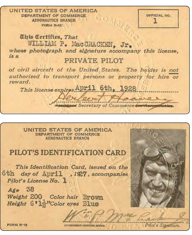 Figure 1-8. An early U.S. private pilot certificate and pilot identification card — the credential this course builds toward.