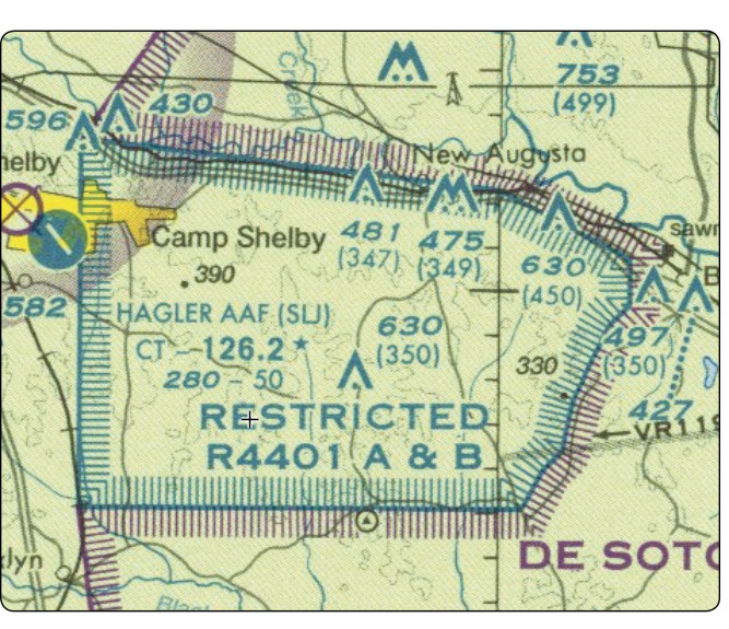 Figure 15-3. Restricted-area special-use airspace outlined and labeled on a sectional chart excerpt.